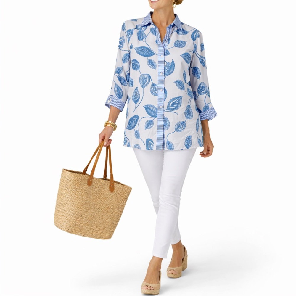 Gretchen Scott blue and white button shirt tunic cotton 3/4 sleeve Size XS - Picture 9 of 9